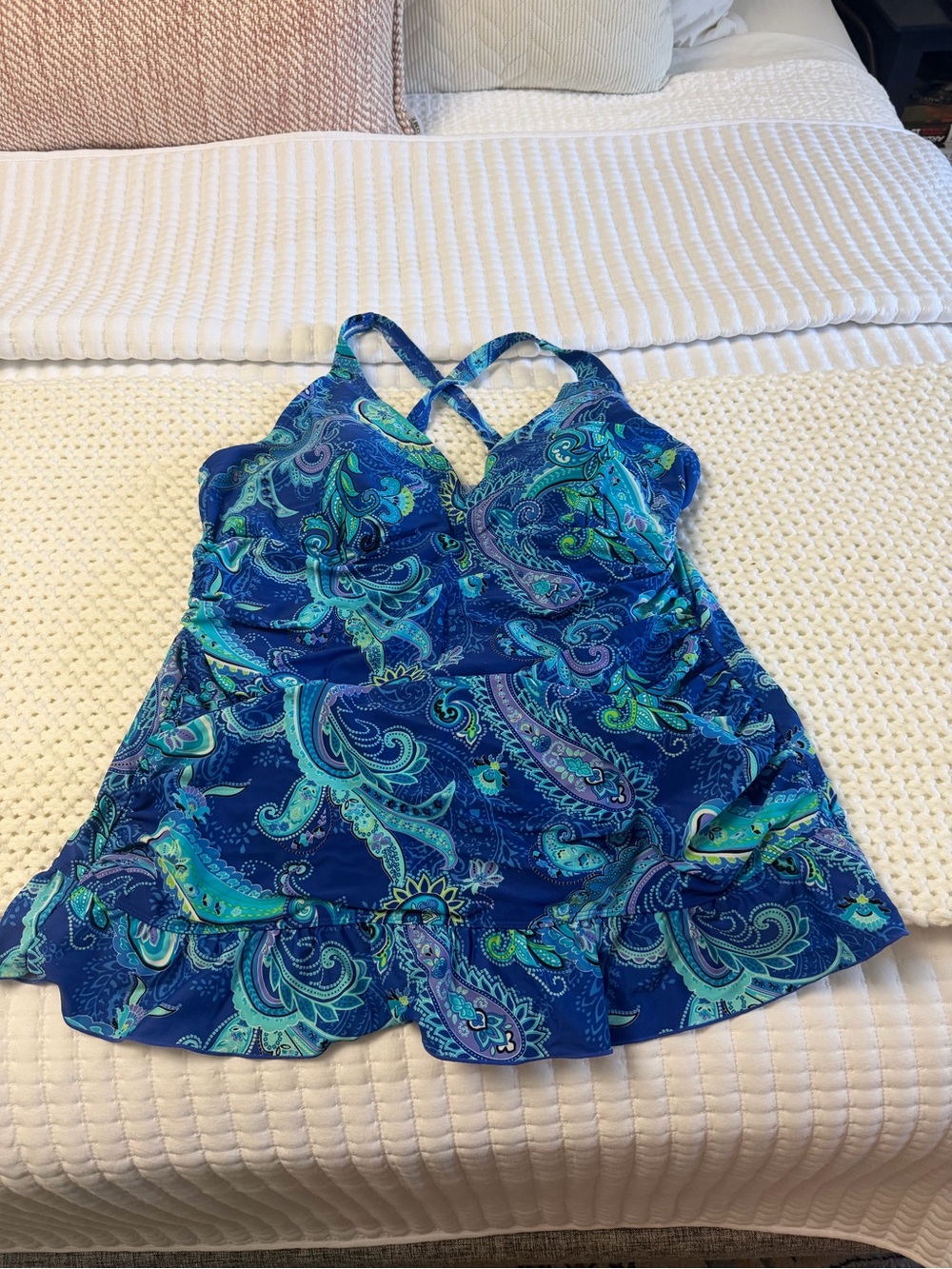Blue Paisley Swim Dress with Crossback Straps